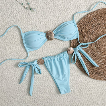 Bikini Sexy Metal Shell High Waist Lace-up Swimsuit For Women