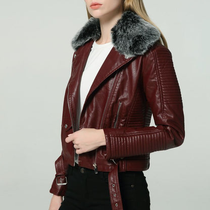 VESTE CHAUDE EN SIMILI CUIR AVEC COL FOURRURE DÉTACHABLE