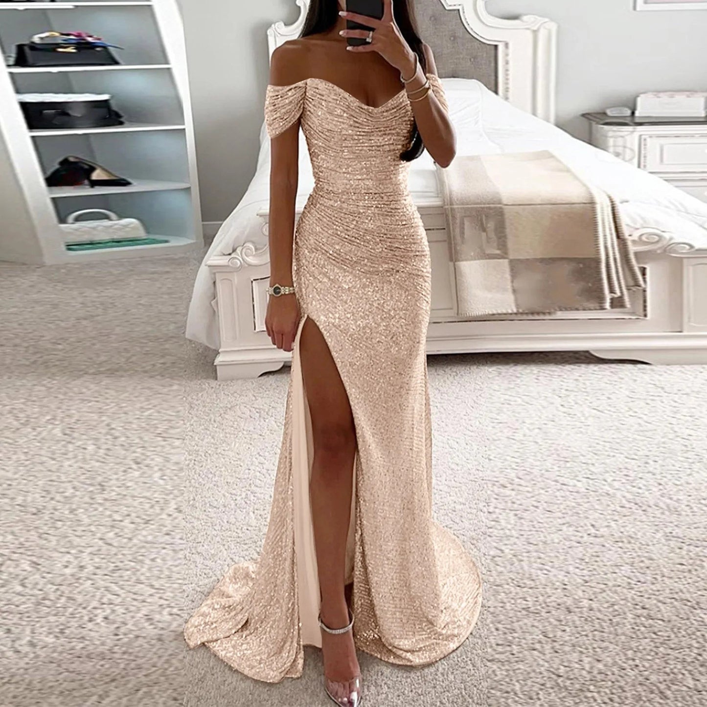 Creative Solid Color Sparkling Slit Dress for Women