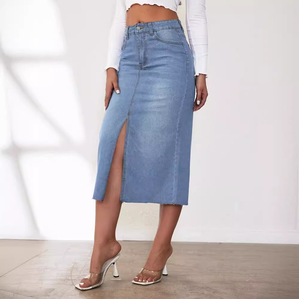 Womens High-Waisted Denim Skirt With A Front Slit And Long Length