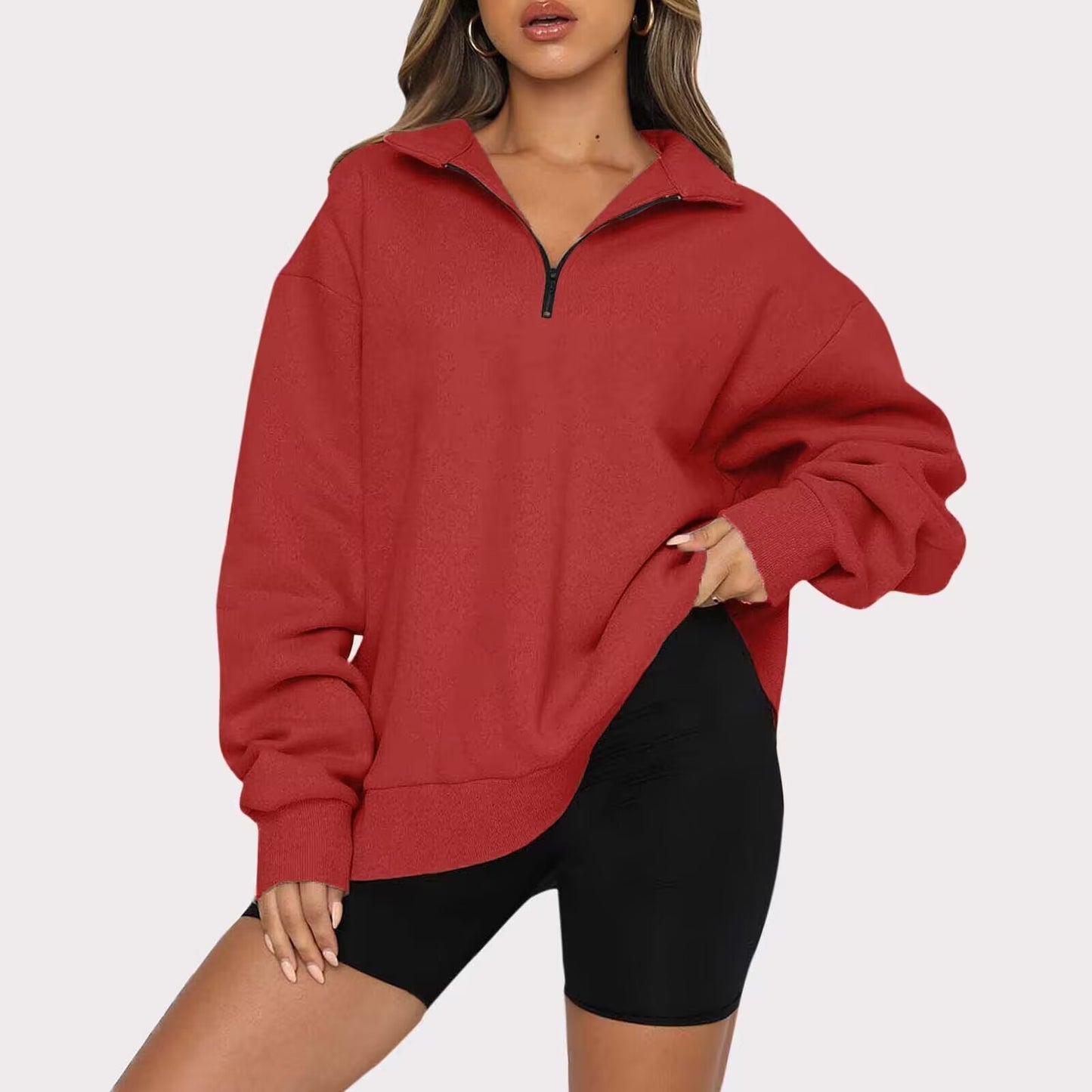 Dam sweatshirts Zip turndown krage Lösa Casual Tops Kläder