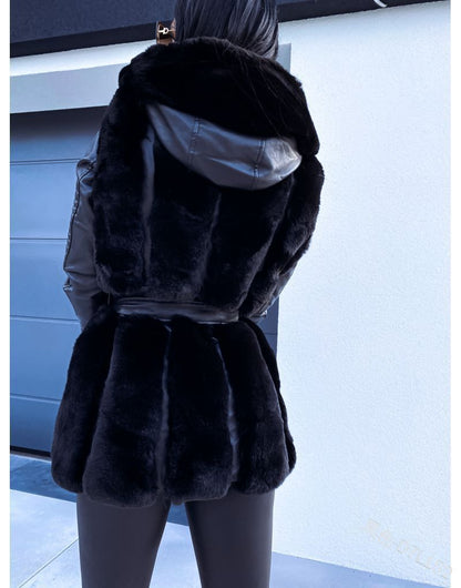 New Style Fur Belt Belt Hooded Zipper Jacket Women's Clothing