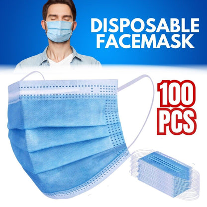 100 PCS Masque De Protection Jetable Couverture 3 Ply Masques Jetables - Bleu