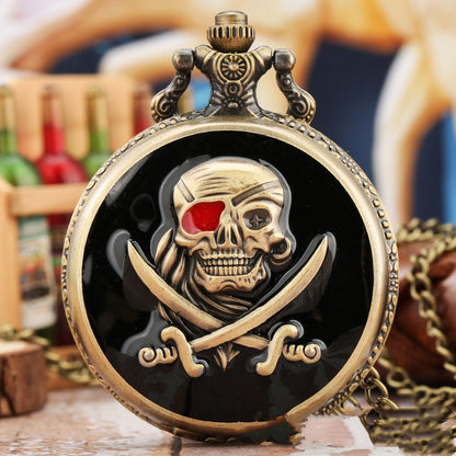 Bronze Epoxy Skull Pattern Necklace Large Pocket Watch