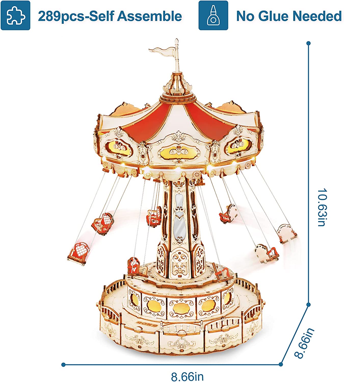 Robotime Rokr Magic Amusement Park Swing Ride 3D-träpussel Byggmodellsats Gör-det-själv-musikdosa Roterande byggsatser