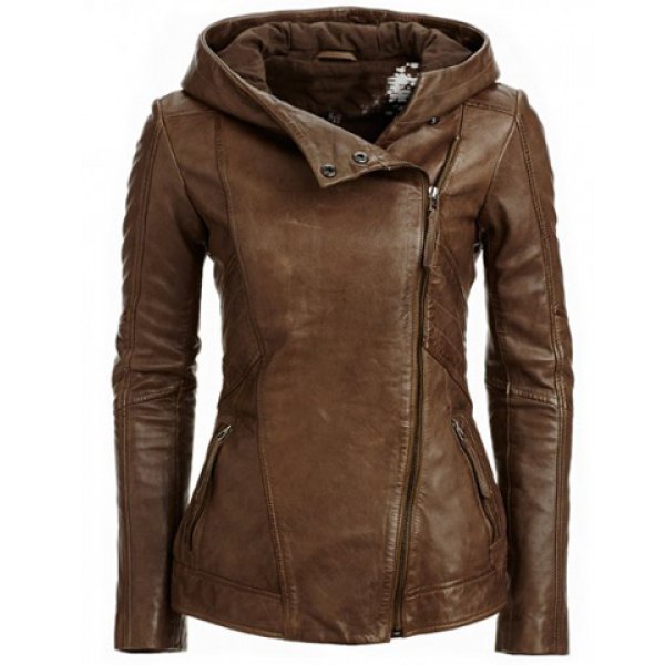 Veste en cuir à capuche et manches longues 
