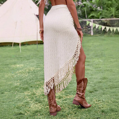 Summer Tassel Beach Skirt - Hollow Irregular Mid-Length Design