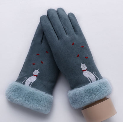 New Winter Female Lace Warm Cashmere Three Ribs Cute Bear Mittens Double thick Plush Wrist Women Touch Screen Driving Gloves 81C