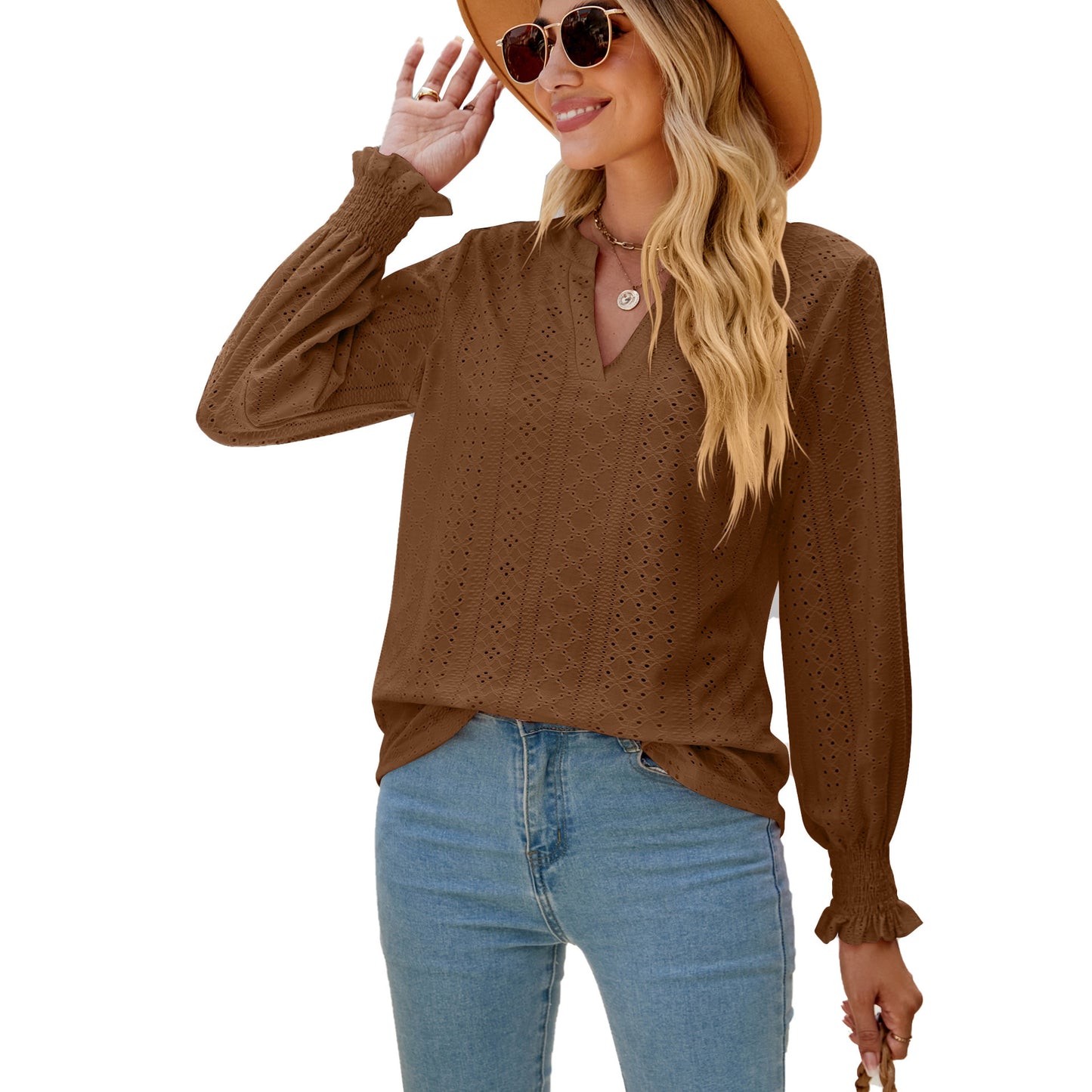 Solid Color Hollow-out Pleated Ruffle Shirts Sleeve V-neck Loose Long Sleeve Tops Women