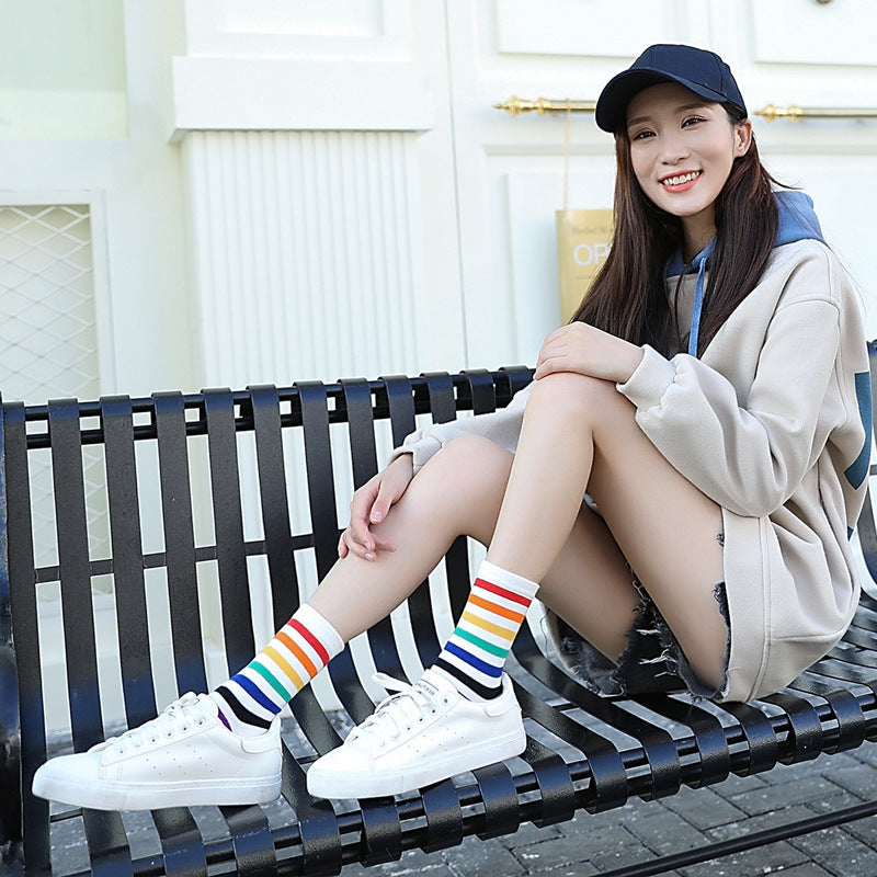 Autumn and winter new ladies in the tube socks candy-colored pinstripes cotton street skateboard tide socks high help women socks