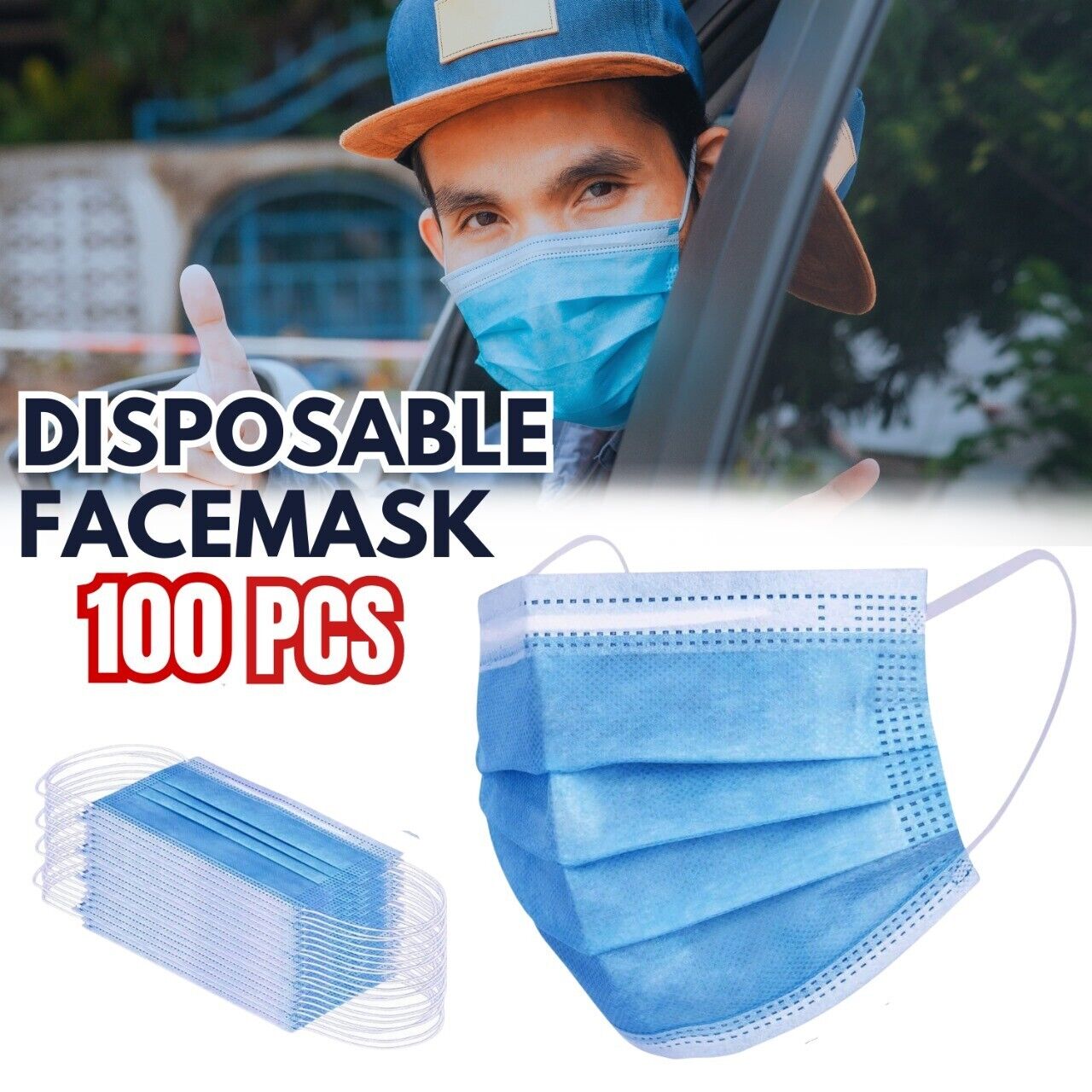 100 PCS Masque De Protection Jetable Couverture 3 Ply Masques Jetables - Bleu