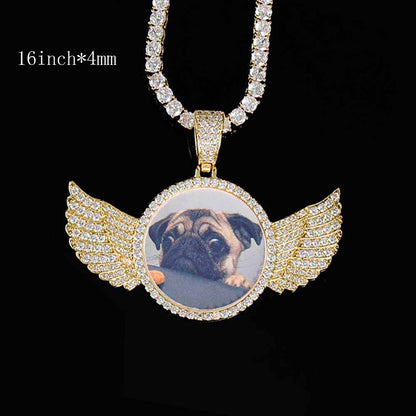 Angel Wings Medallions Custom Photo Pendant Necklace For Men Hip Hop Jewelry Iced Out Pendant Custom Engraved Name Memory Gift