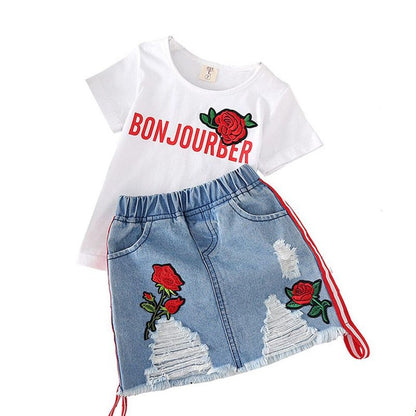 Vêtements pour enfants T-shirt blanc Jupe en jean 2pcs Costumes pour filles
