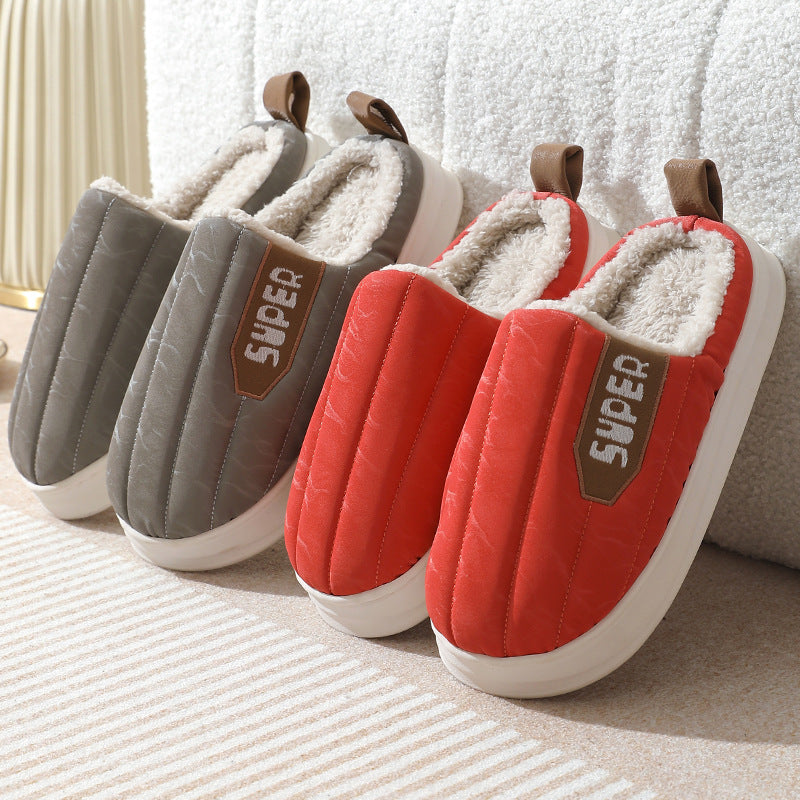 Striped Home Slippers Waterproof Thick-soled Non-slip Indoor Warm Plush Slippers Women Floor House Shoes Men Couple Autumn And Winter