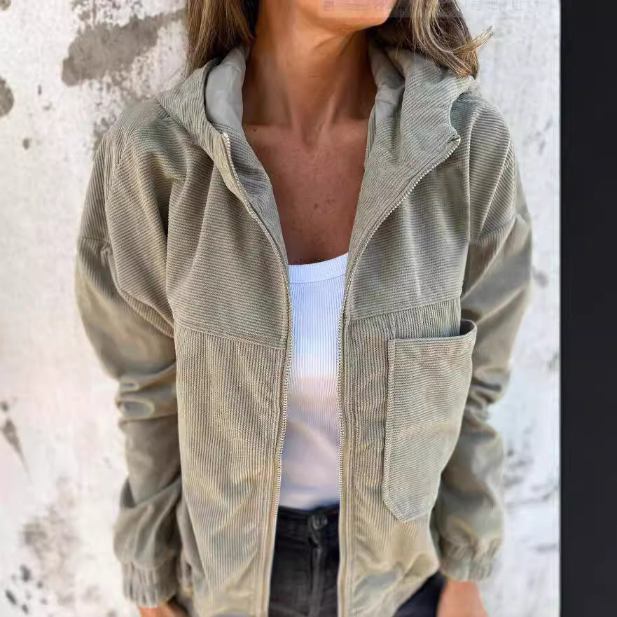 Women's Solid Color Simple Corduroy Hooded Jacket