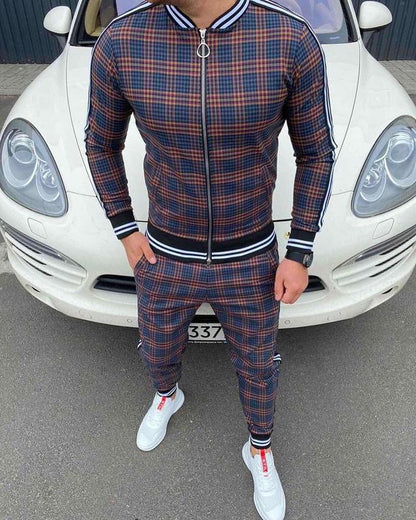 Fashion casual men's suit striped plaid jacket long pants men