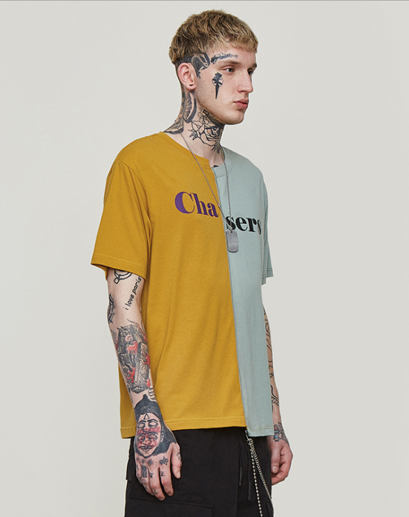 INF Men S Wear  Yellow Brand Fashion Brand Asymmetrical Stitching Letter Printing