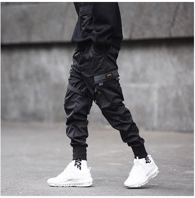 Hot Sale Men Black Hip Hop Cargo Pants Elastic Waist Jogger Trousers Sweatpants Pockets Full Length Casual Fashion