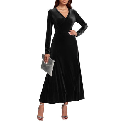 V-neck Long Sleeve Evening Dress Pleuche Dress