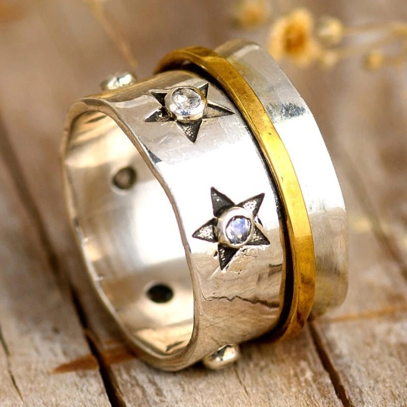 Star Moonstone Rotatable Metal Alloy Finger Fidget Spinner For Men Women Relief Anxiety Jewelry Gold Color Wide Ring