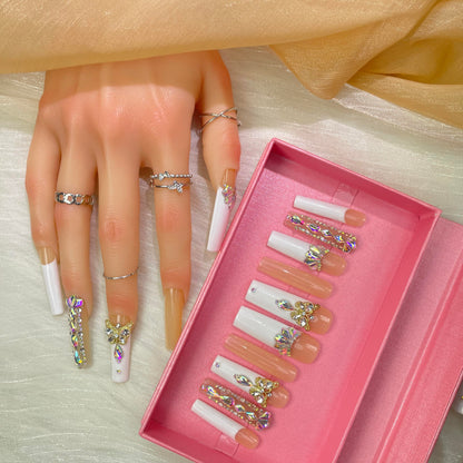 GGDDSHA Nails Press On Nails Medium Fake Nails FalseNails With 3D Flower Designs Nail Press Ons French TipHandmade Acrylic Artificial Nails Summer Natural Stick OnNails For WomenOpal Whisper