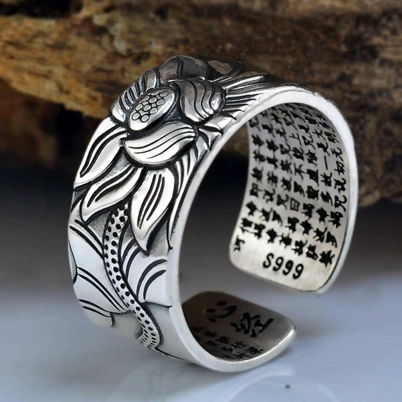 Thai Silver Svart Lotus Heart Sutra Ring för män och kvinnor