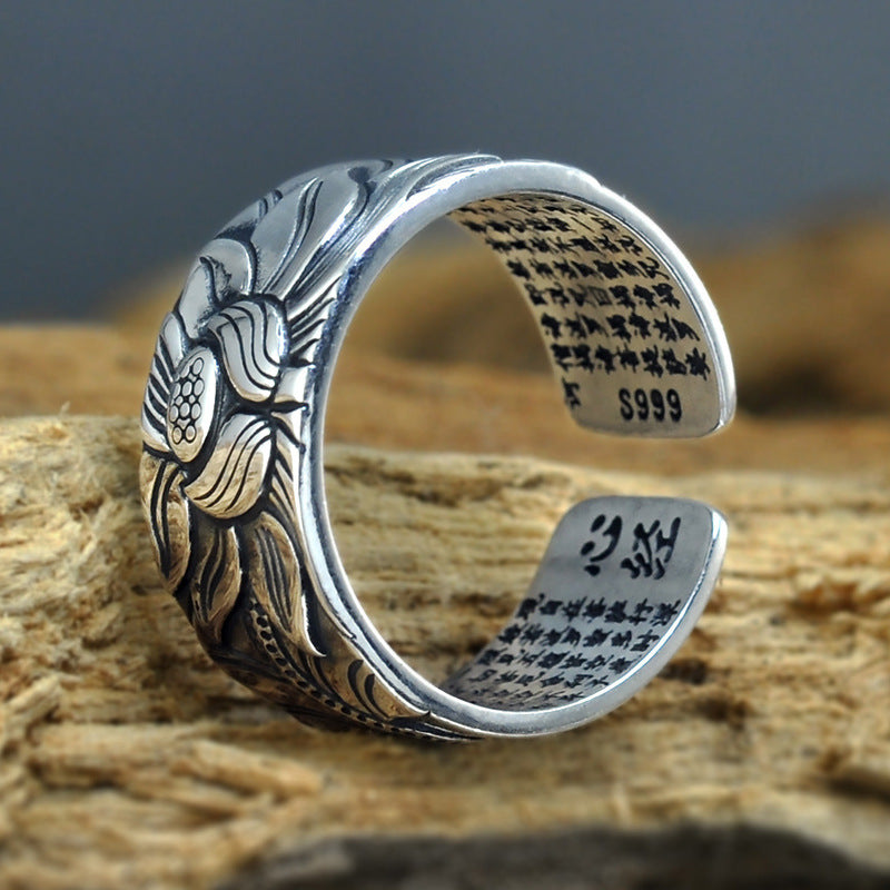 Thai Silver Svart Lotus Heart Sutra Ring för män och kvinnor