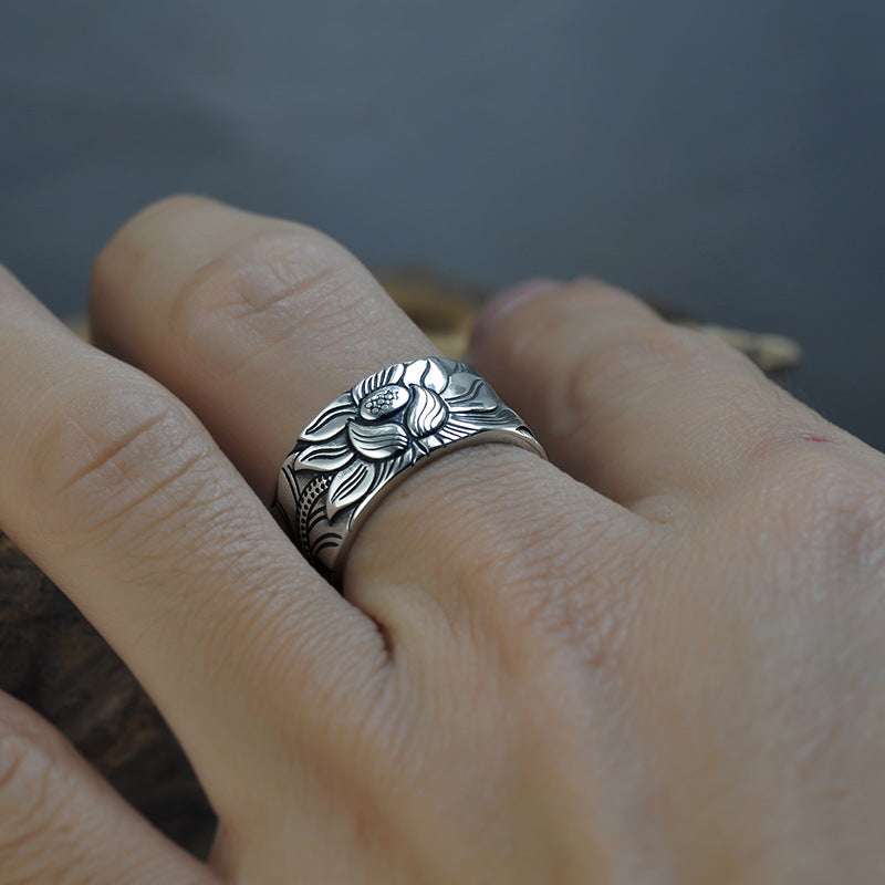 Thai Silver Svart Lotus Heart Sutra Ring för män och kvinnor