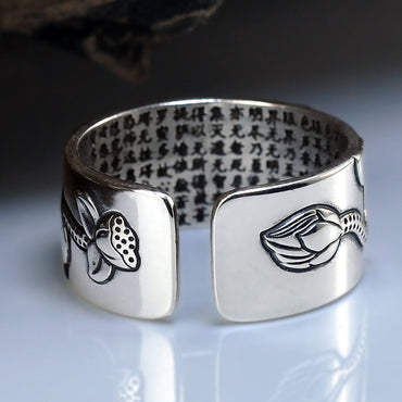 Thai Silver Svart Lotus Heart Sutra Ring för män och kvinnor