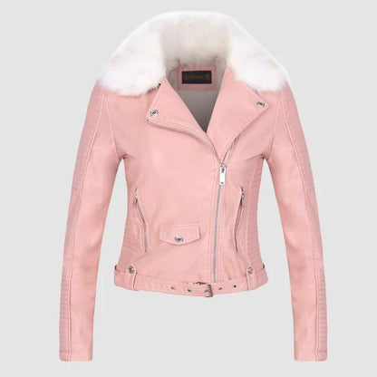 VESTE CHAUDE EN SIMILI CUIR AVEC COL FOURRURE DÉTACHABLE