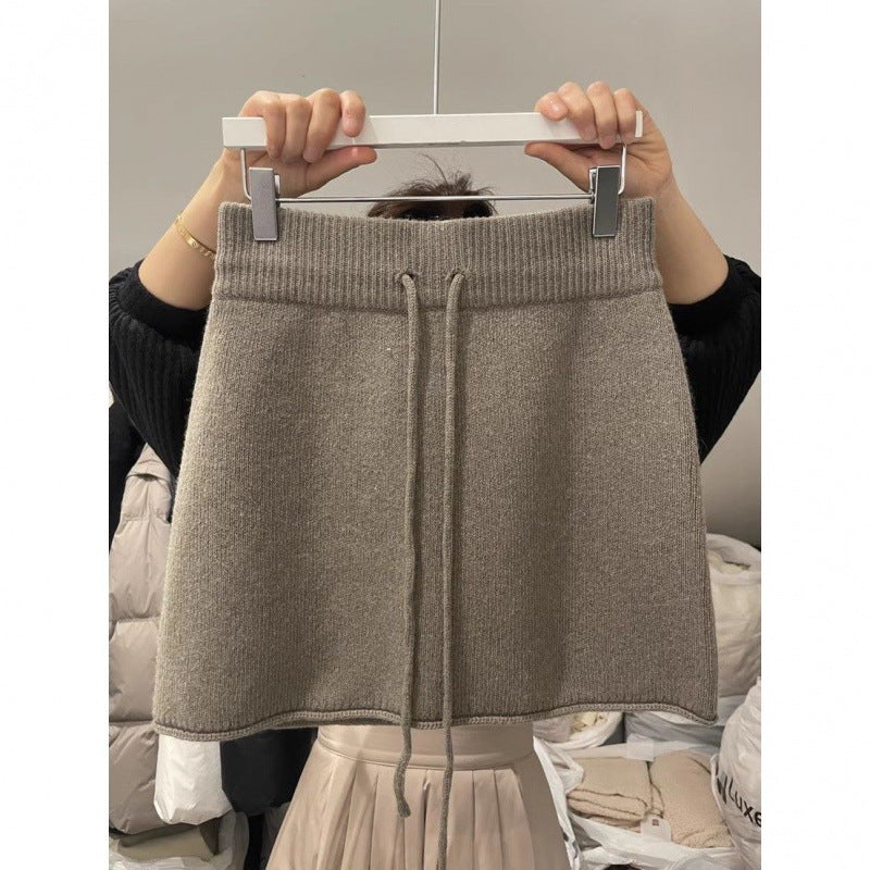 Professional Western Style Elastic Waistband Lace-Up Knitted Skirt - Urban Design (3 Colors, S-XL, Temperament Commute)