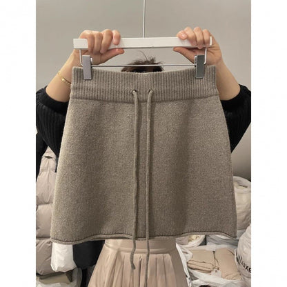 Professional Western Style Elastic Waistband Lace-Up Knitted Skirt - Urban Design (3 Colors, S-XL, Temperament Commute)