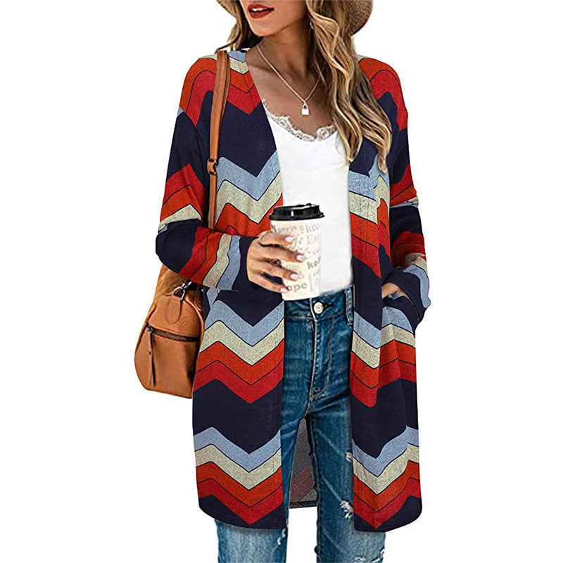 European And American Women's Jackets Striped Print Women's Cardigan Top