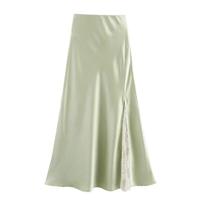Professional One-Side Lace Satin Fishtail Skirt - Polyester High-Waisted (4 Colors, M-XL, College Style)