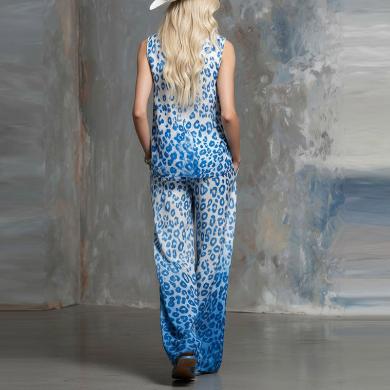 Loose-fit Leopard-print Sleeveless Shirt And Trousers Two-piece Set