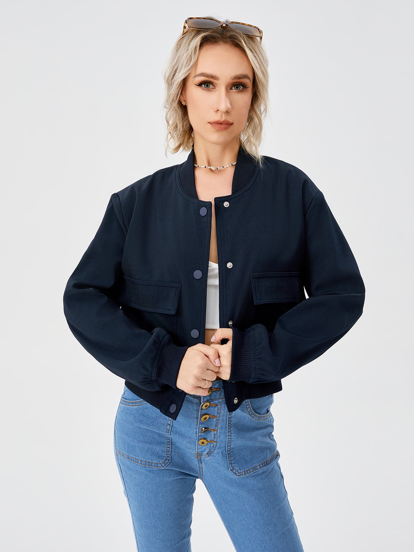 Women's Lightweight Cropped Bomber Jacket Casual Long Sleeve Varsity Jacket With Pocket Fashion Y2k Jacket Streetwear