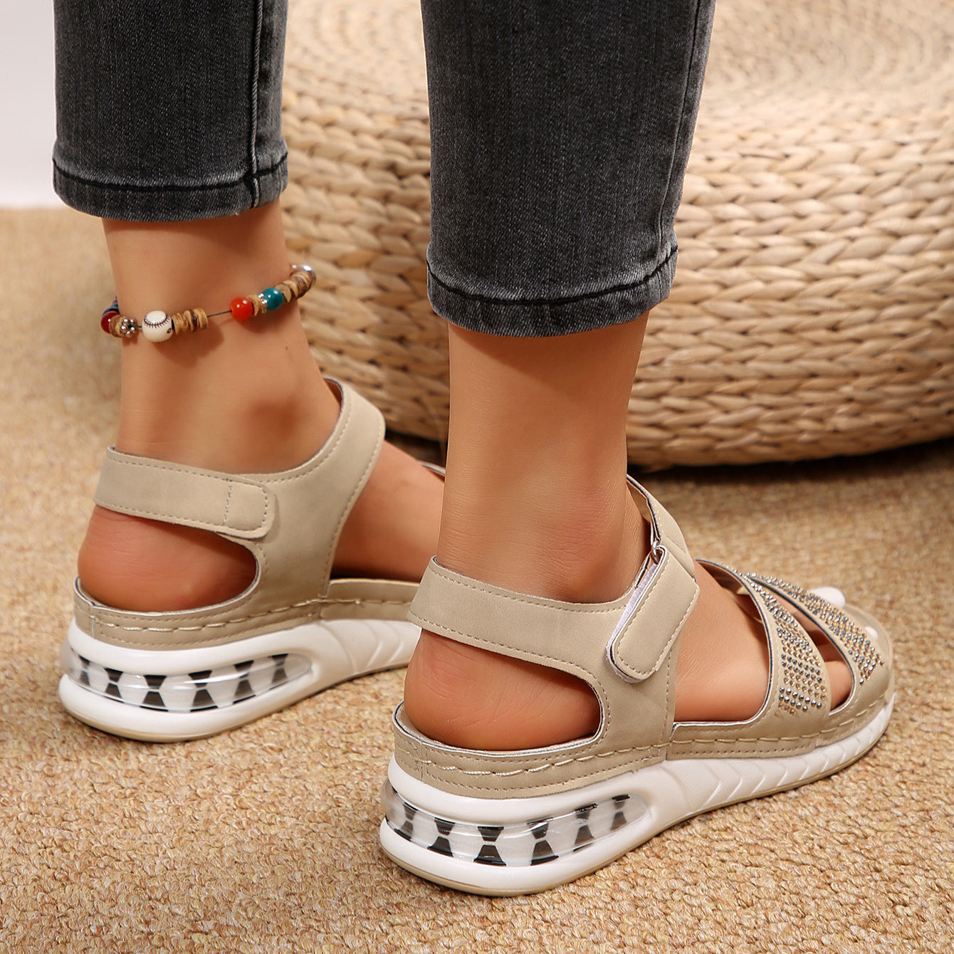 Sommar Rhinestone Wedges Sandaler Casual Sport Luftkudde Botten Strandskor För Kvinnor Romerska Sandaler