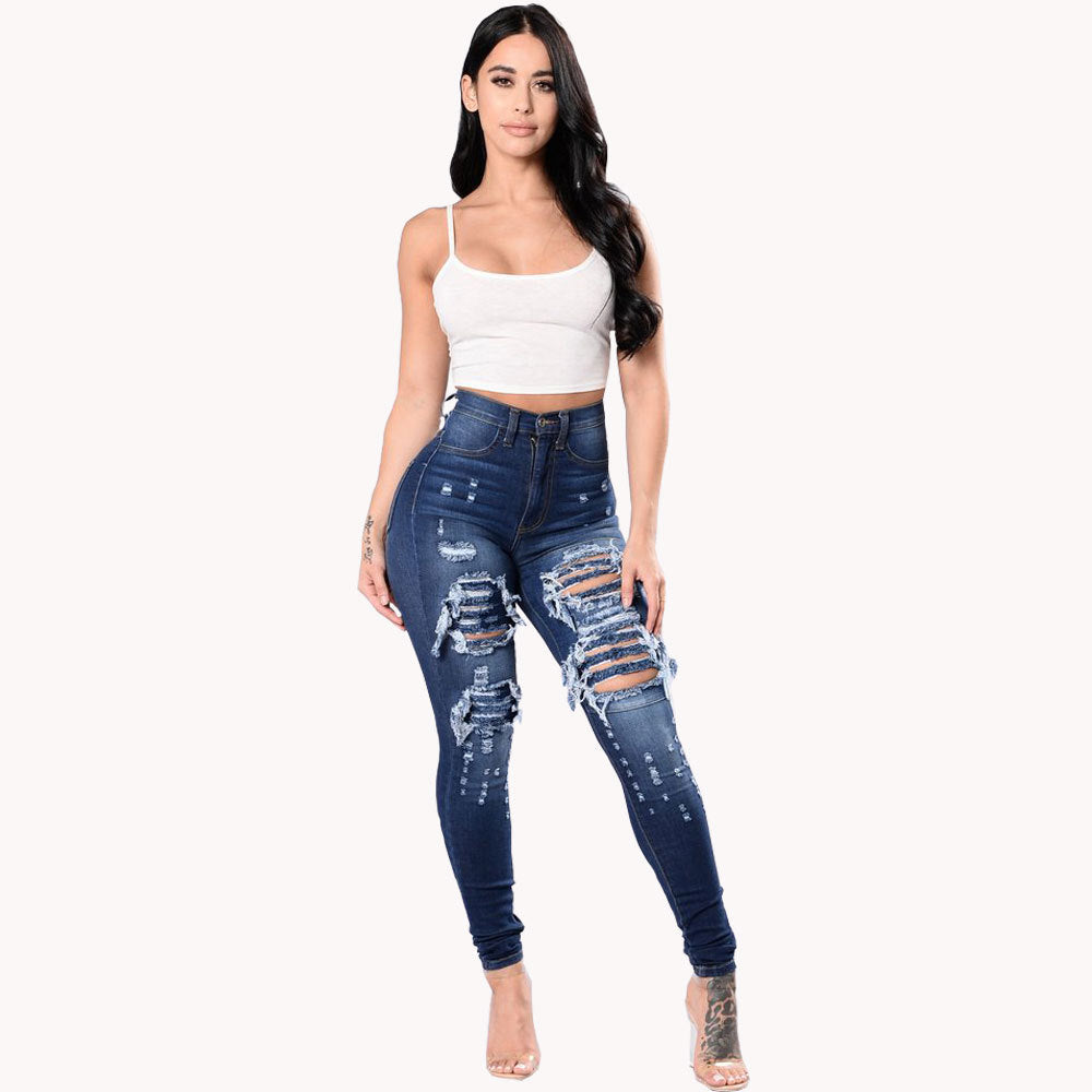 Kvinnors Ripped Denim Washed Denim Byxor