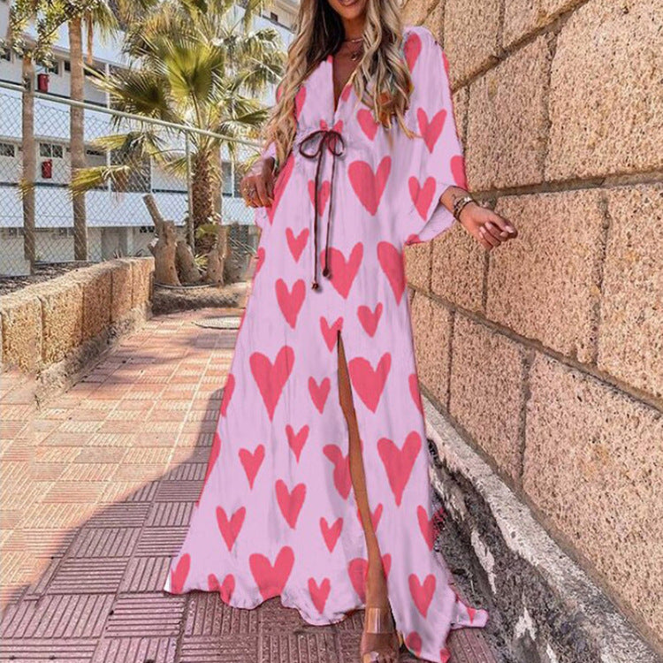 Robe longue de plage irrégulière fendue à col en V sexy