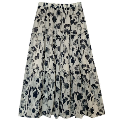 Professional Elegant Romantic Flower Ink Straight Chiffon Printed Skirt - Spandex Chenille (Black/Apricot, S-L, Socialite)