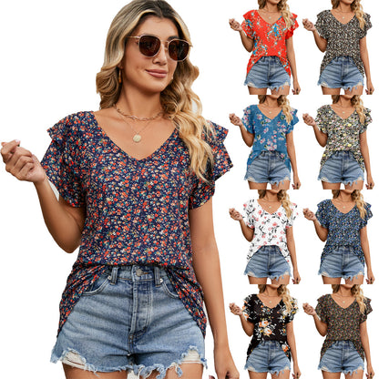 Women's Tops Casual V Neck Tops Ruffle Short Sleeve T Shirt Blouses