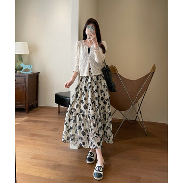 Professional Elegant Romantic Flower Ink Straight Chiffon Printed Skirt - Spandex Chenille (Black/Apricot, S-L, Socialite)