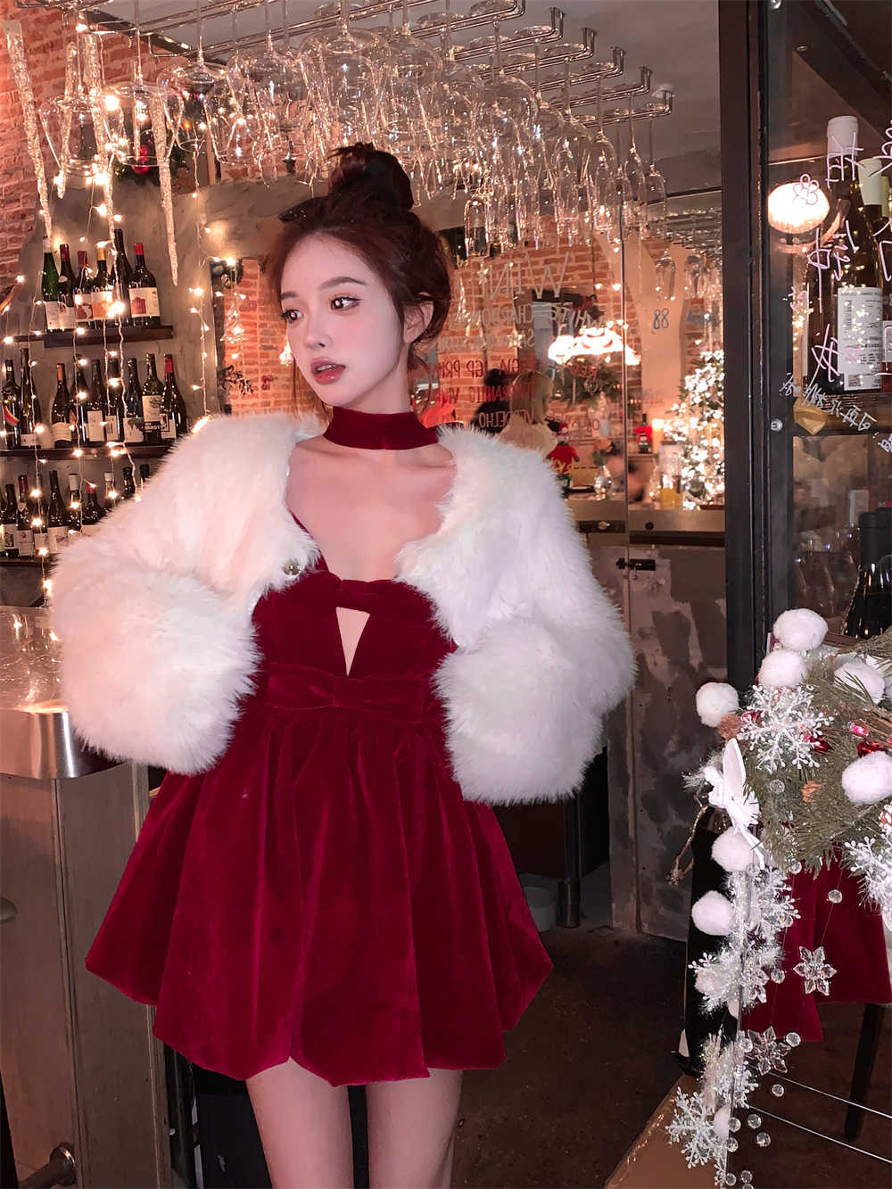 New Year Red Velvet Dress Female Birthday Suspenders Puff Princess Dress