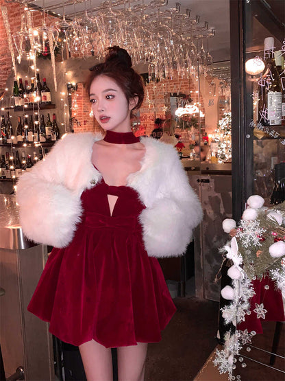 New Year Red Velvet Dress Female Birthday Suspenders Puff Princess Dress