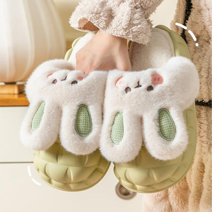 Cute Rabbit Shoes Winter Fuzzy Slippers Women Detachable Washable House Shoes