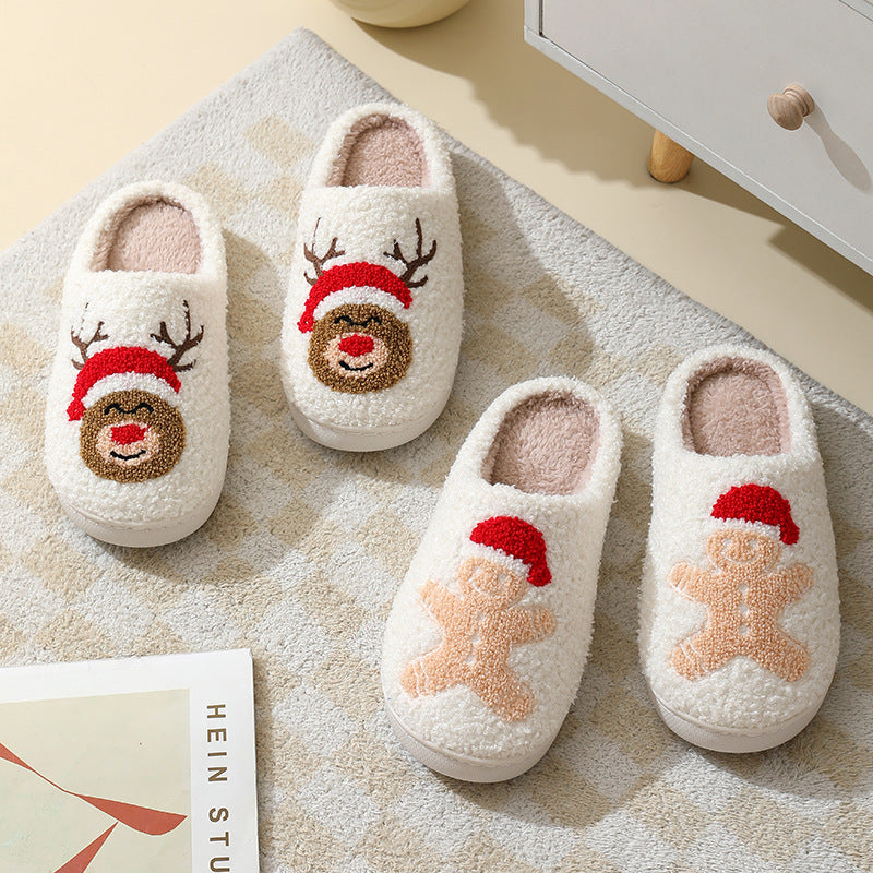 Pantoufles de noël en coton pour femmes et hommes, pantoufles de maison mignonnes de dessin animé du père noël, chaussures chaudes d'hiver en fourrure pour Couples