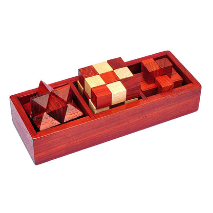 3 In 1 Set Vintage Style Wood Box Packed IQ Wooden Brain Teaser Puzzles Game Toys