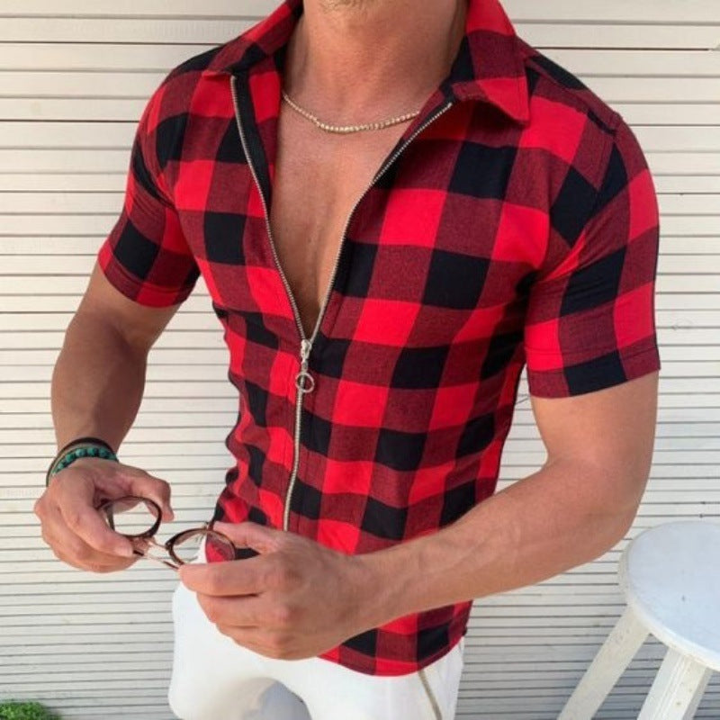 Plaid T Shirt Mens Zipper Short Sleeve Shirts Summer Men Clothing