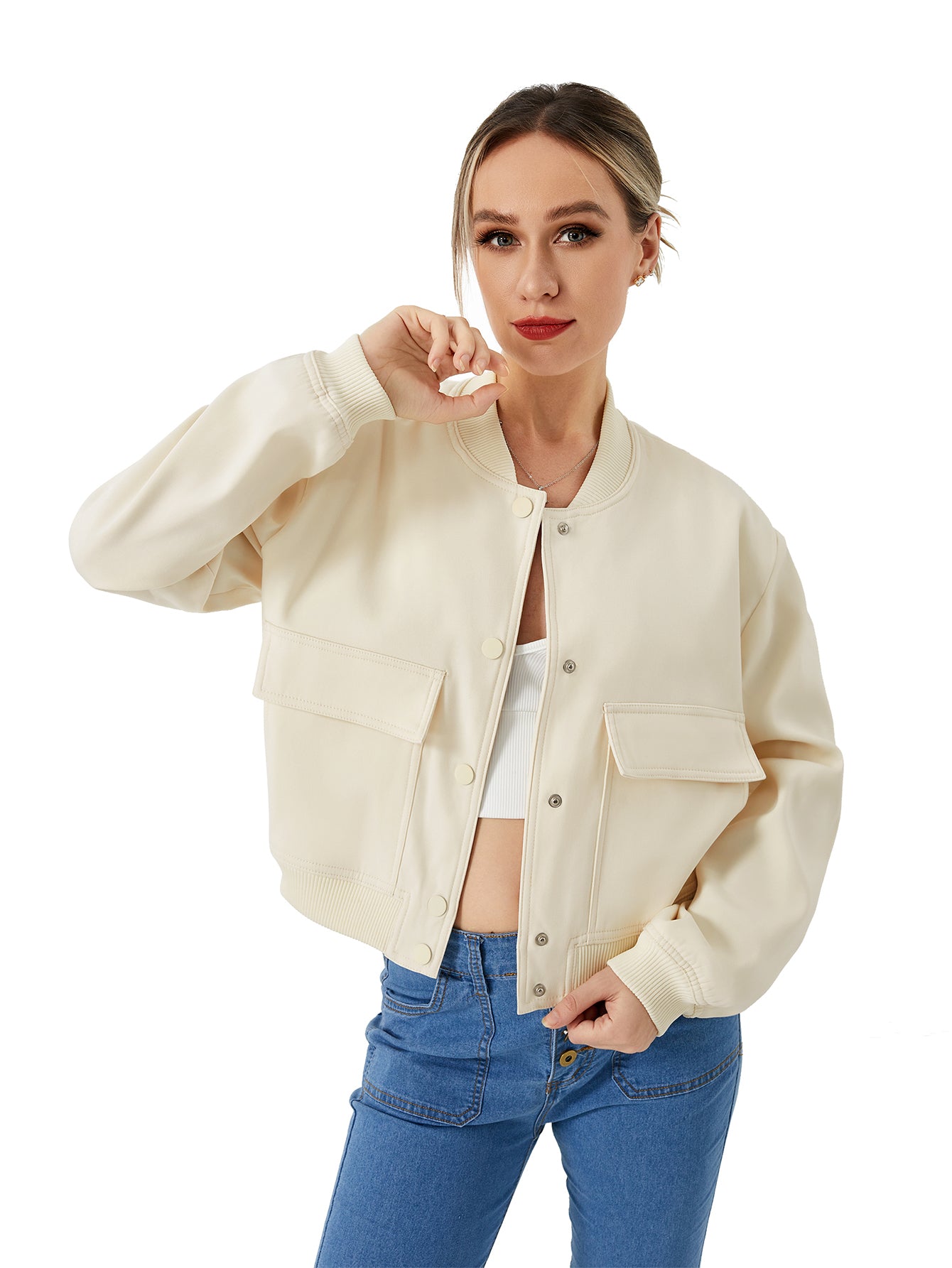 Women's Lightweight Cropped Bomber Jacket Casual Long Sleeve Varsity Jacket With Pocket Fashion Y2k Jacket Streetwear