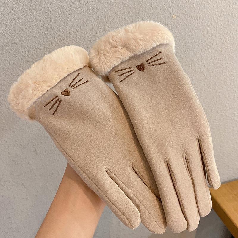 Fleece Lined Padded Warm Keeping Cute Suede Riding Gloves